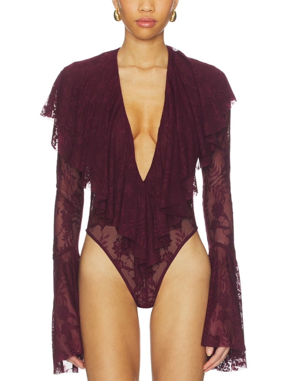 Norma Kamali Long Sleeve Deep V Ruffle Lace Bodysuit in Plum Burgundy Size Med